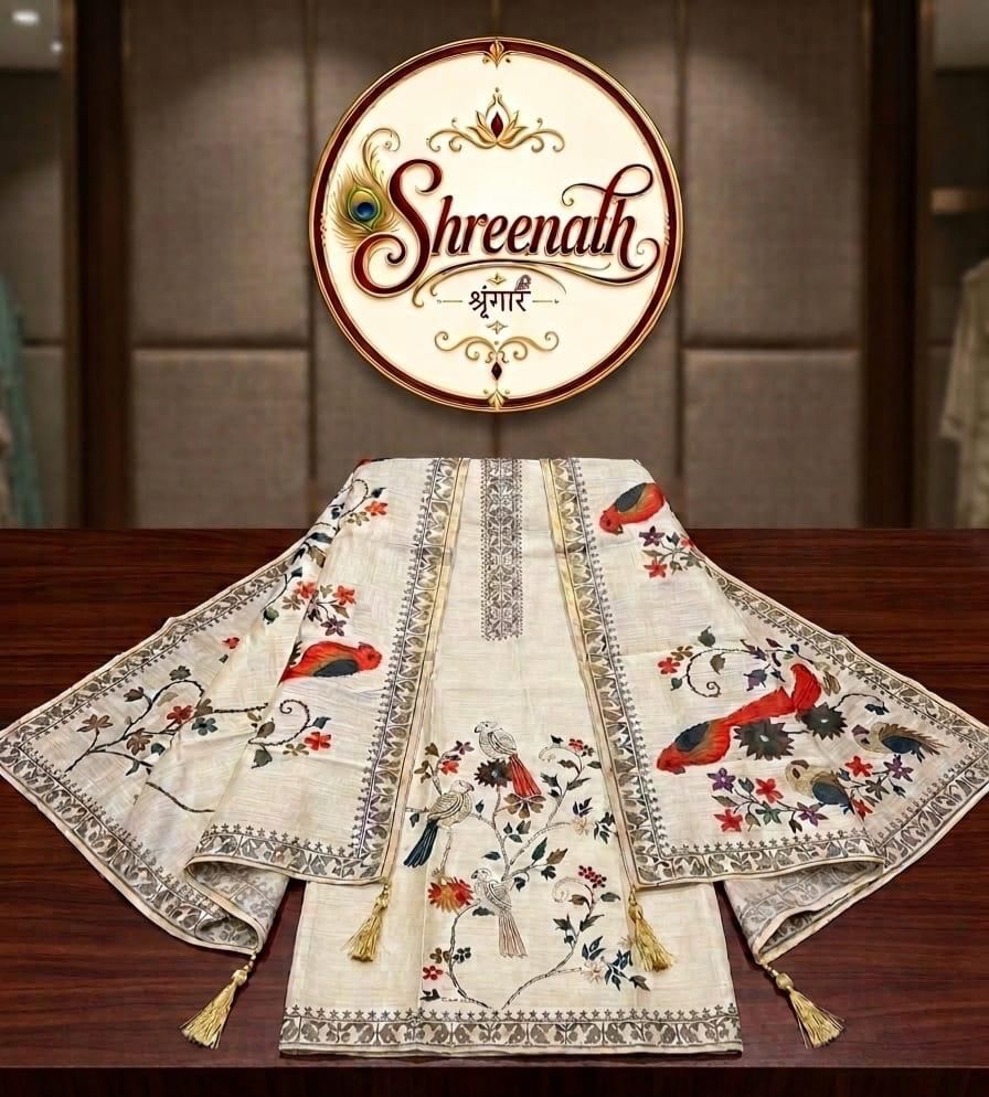 Beige Bird Print Handloom Linen Set