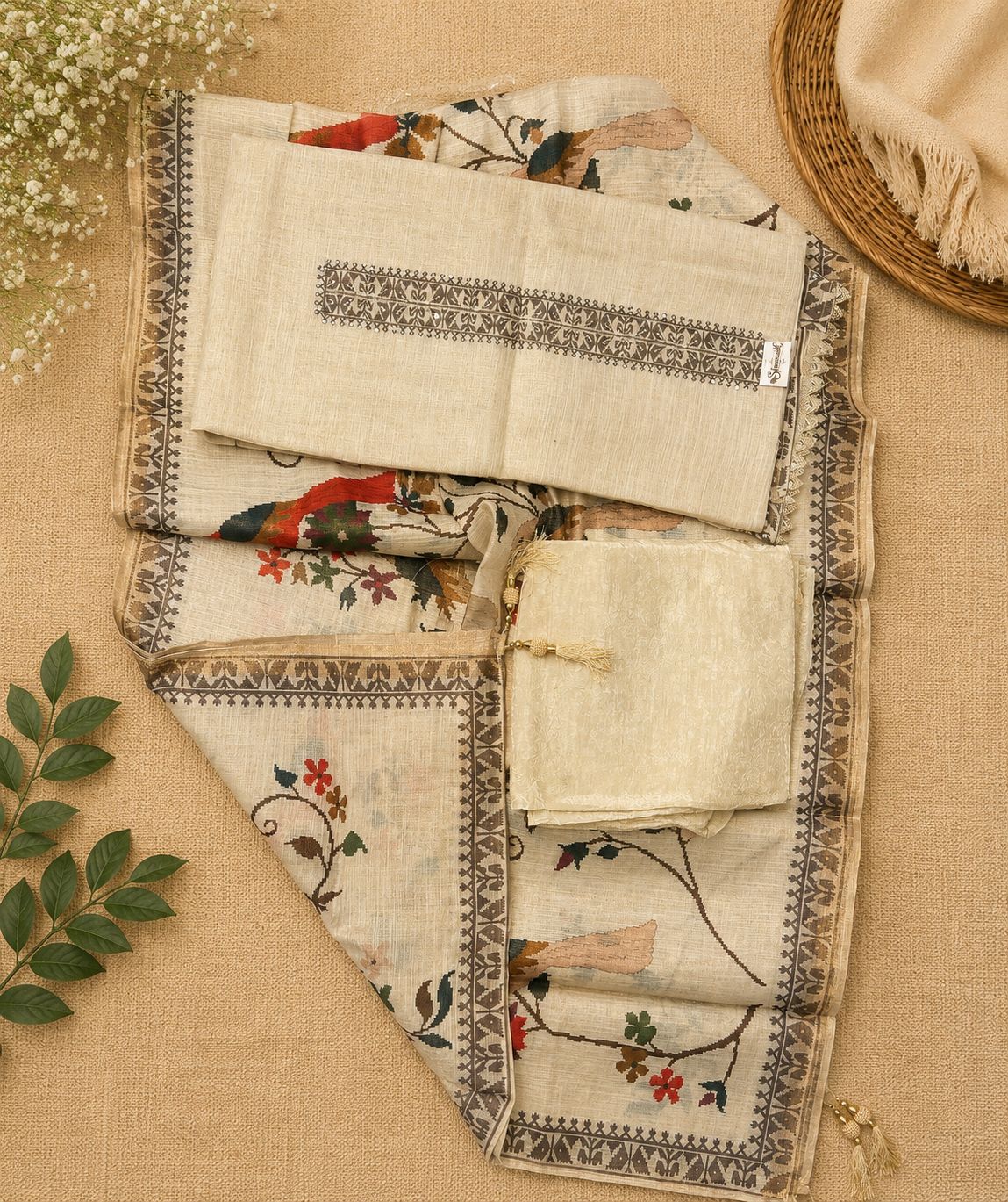 Beige Bird Print Handloom Linen Set