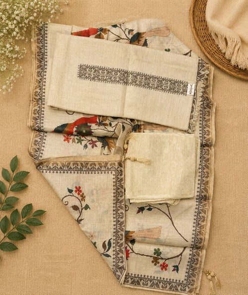 Beige Bird Print Handloom Linen Set