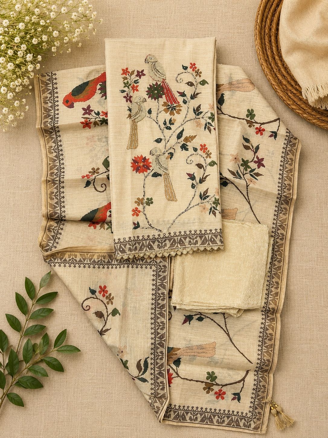 Beige Bird Print Handloom Linen Set