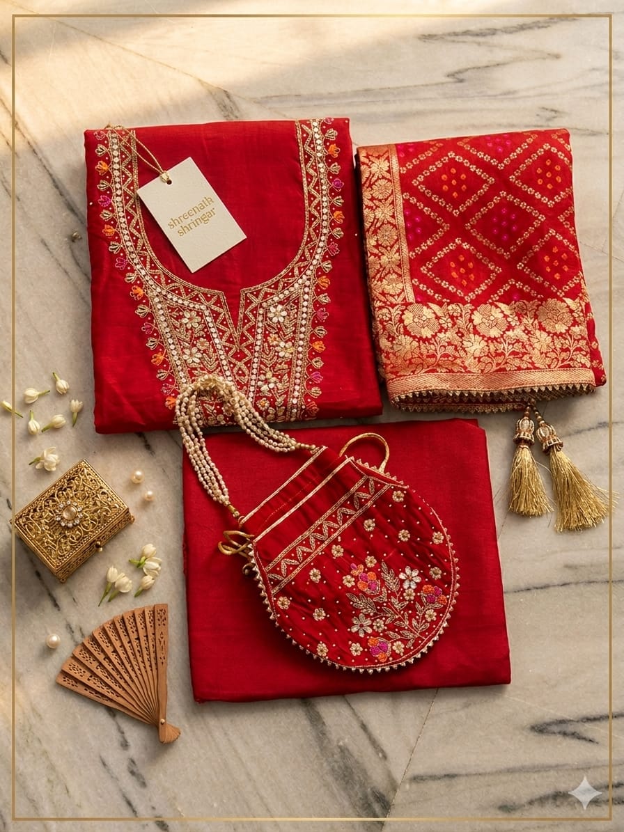 Rani SA Bandhani Suits with Potli