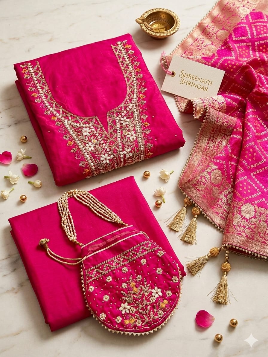 Rani SA Bandhani Suits with Potli