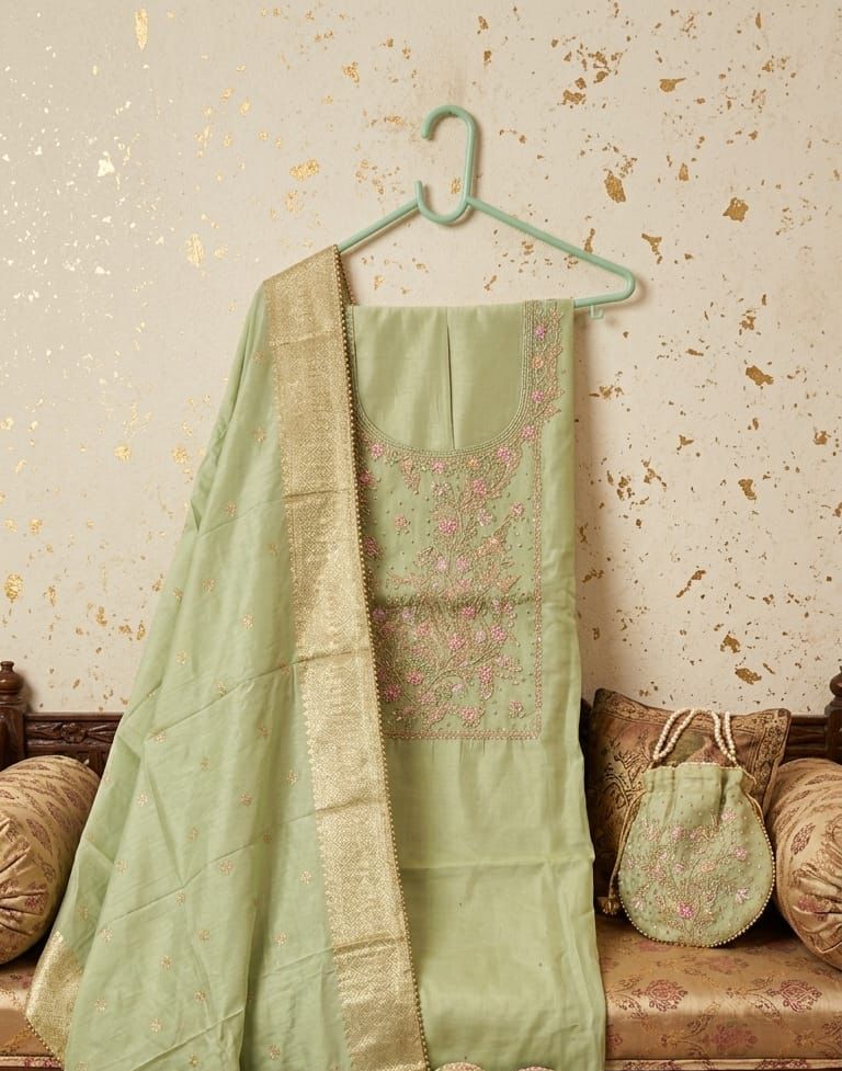 Pista Pearl Chanderi Silk Set + Potli 🌿