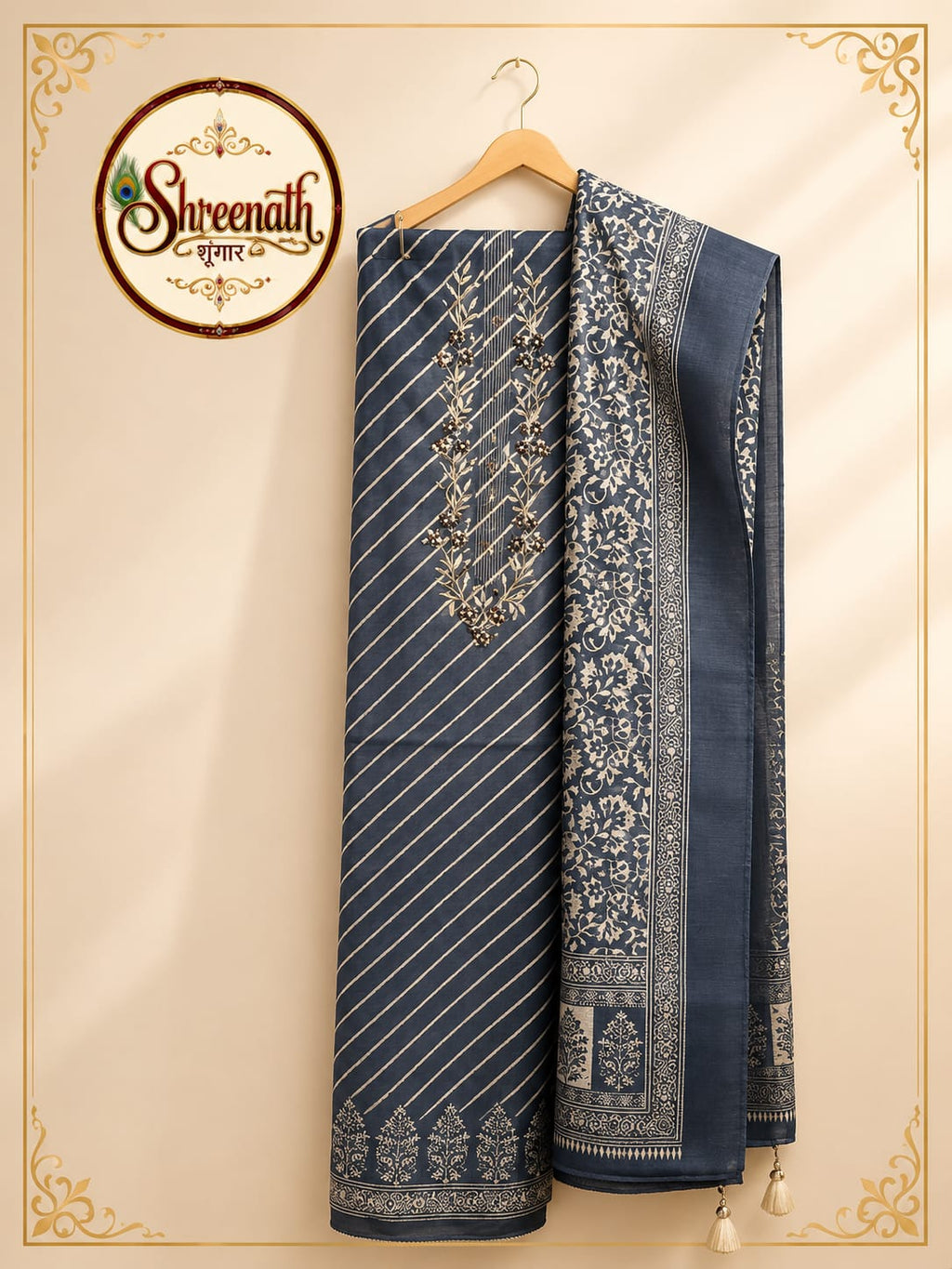 Indigo Leheriya Embroidered Suit
